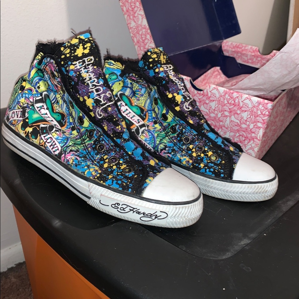 Ed Hardy laceless high top sneakers